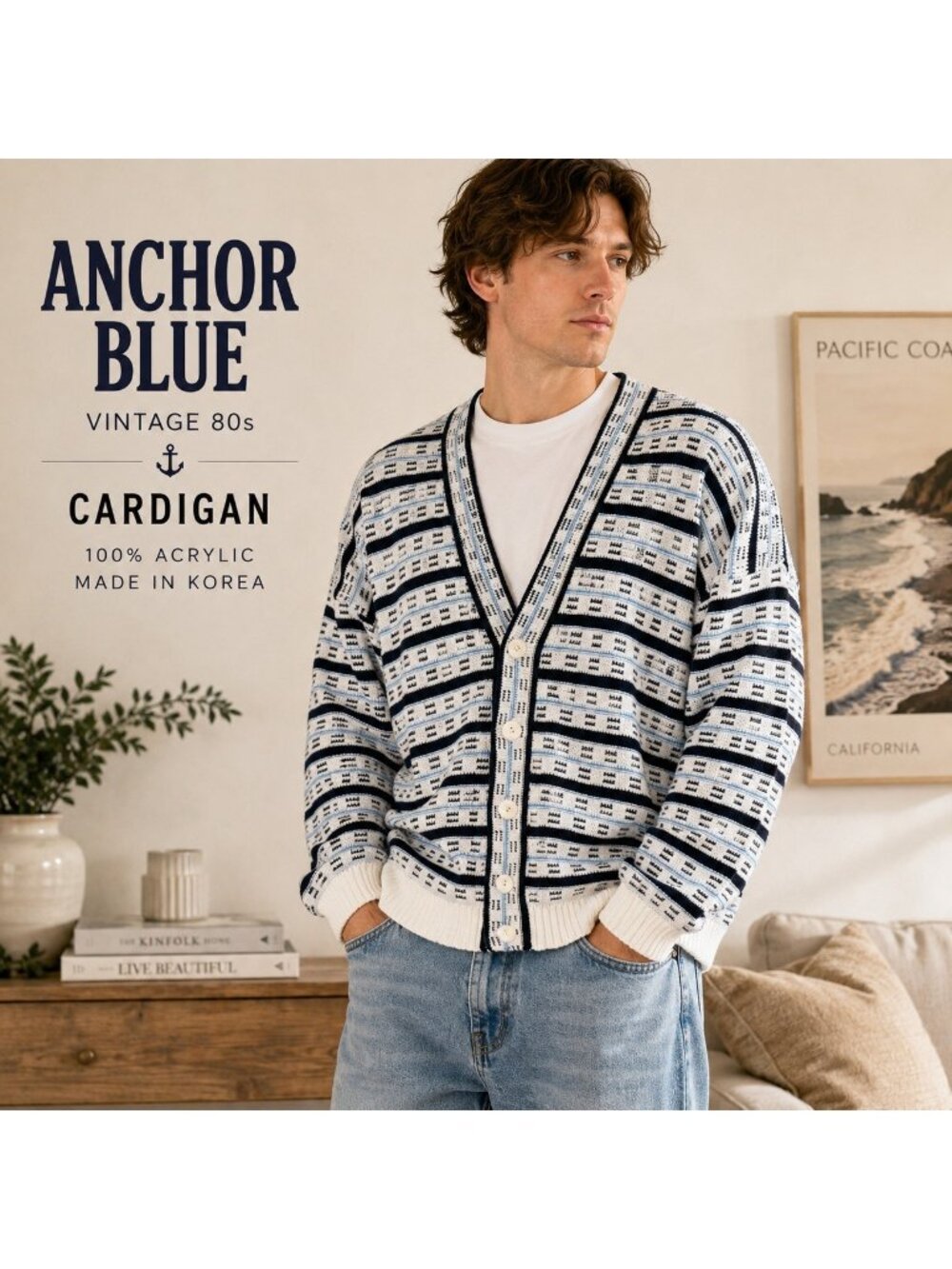 Vintage 80s Anchor Blue Cardigan L Geometric Grandpa Sweater Black Blue White